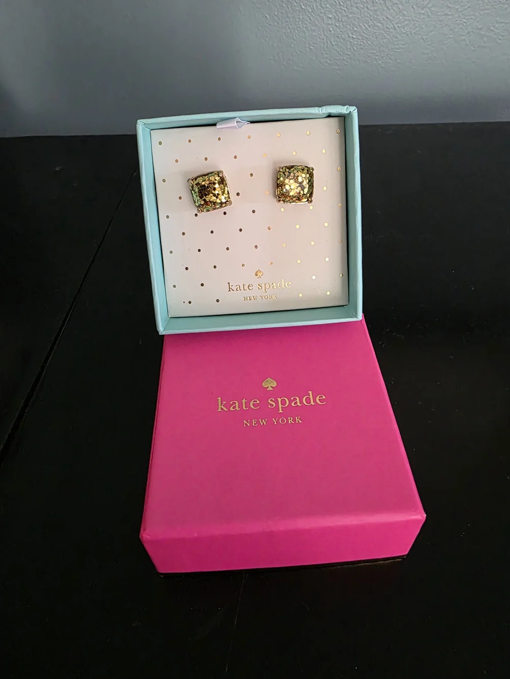 NWT Kate Spade Gold Glitter Small Square Stud Earrings 0.5